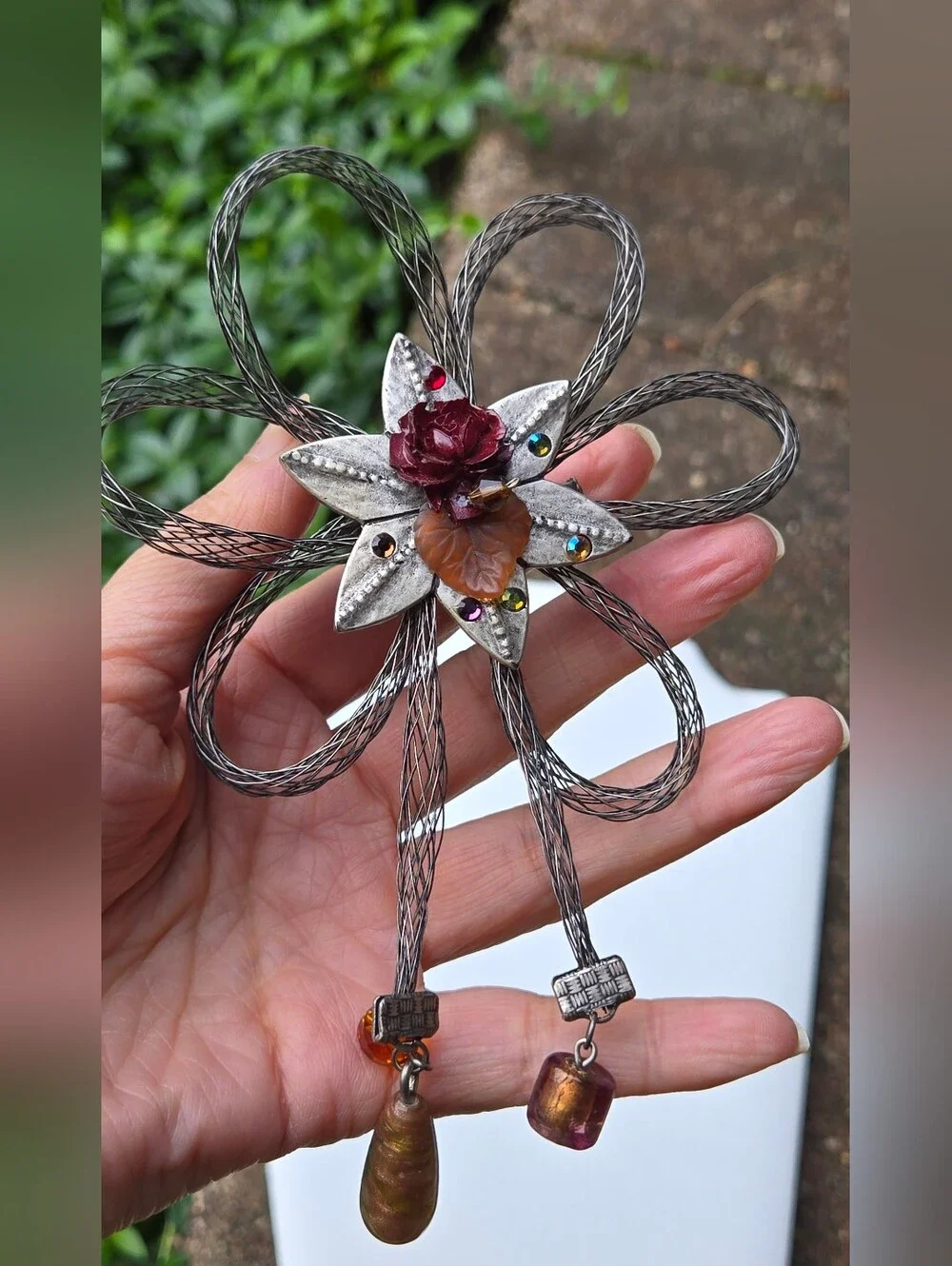 Chico's Floral Multi-Color Crystal & Silver-Tone Larg Mesh Flower Brooch